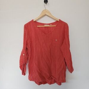 Soft Surroundings Flowy Shirt Red Button Medium Linen Cotton Blend
